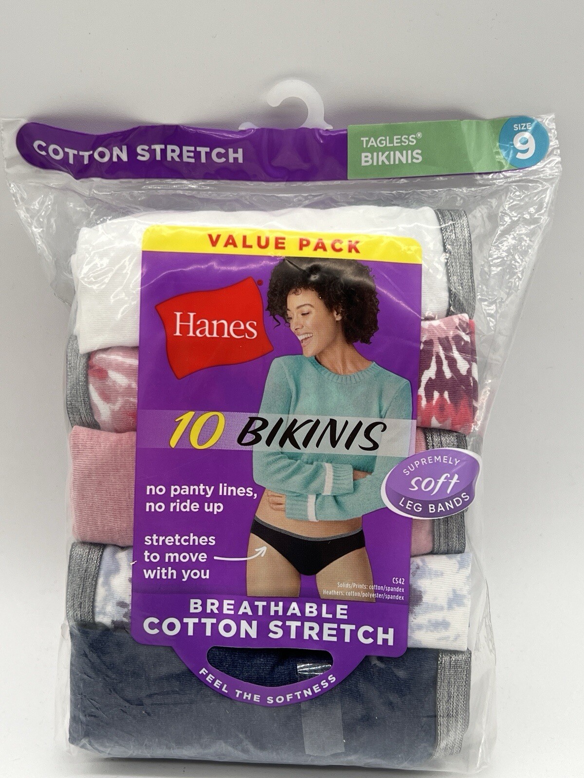 NEW HANES SOFT BIKINIS SZ 9 Women’s Cotton Underwear Solid & prints 10 PACK 553