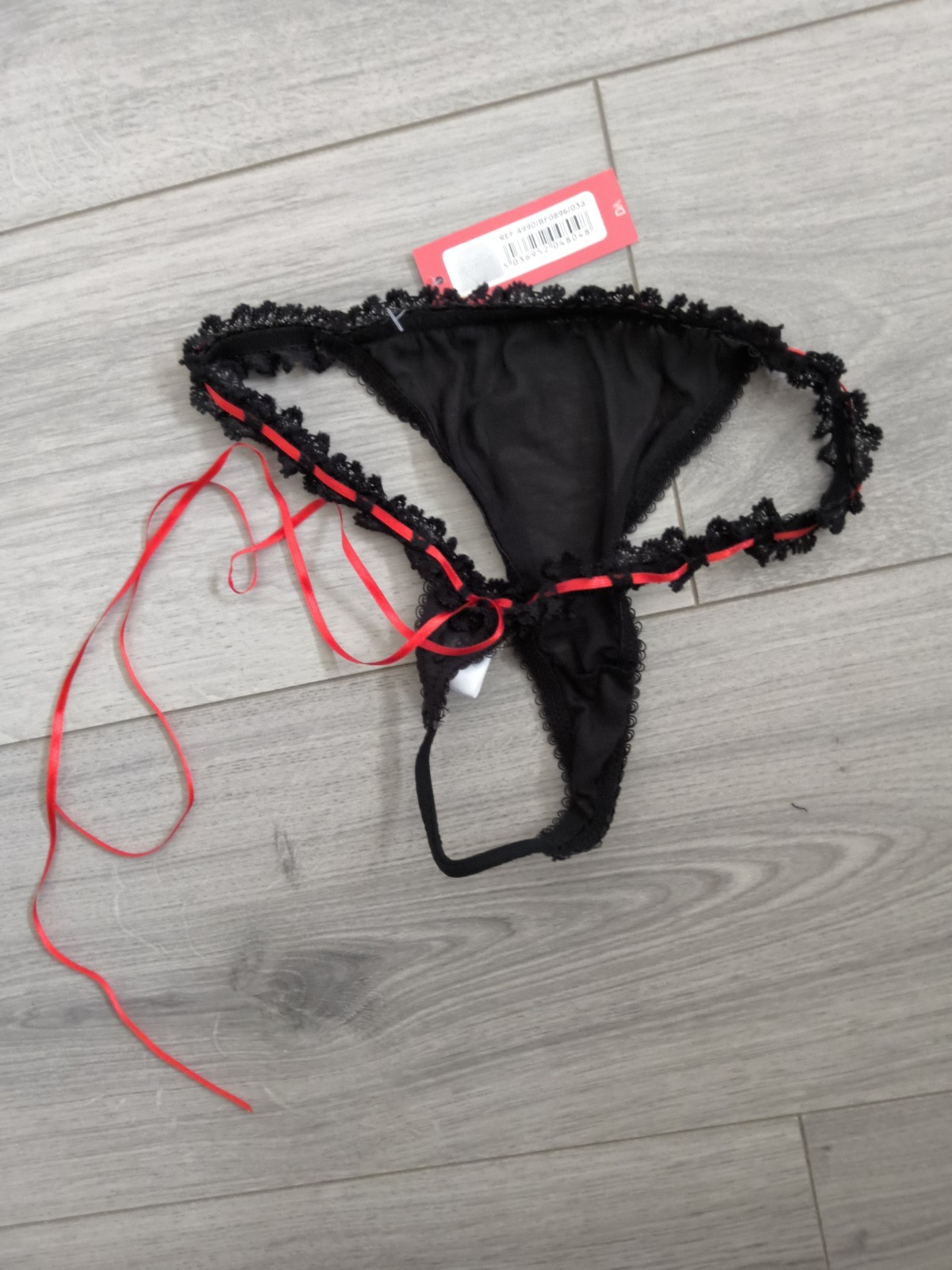 BNWT Vintage Daniel Axel Sheer Black Mesh & Ribbon Slotted Lace Thong Size 8-10