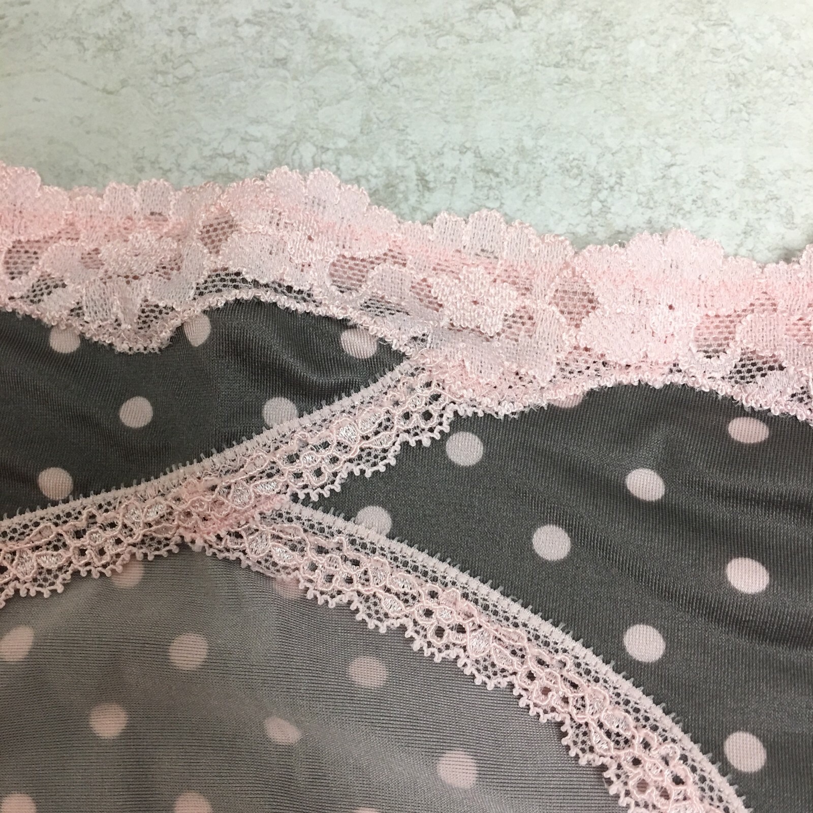 2-Pack Maidenform Women’s Micro Cheekini with Lace, Gray/Pink Polka Dot, L/7 NWT