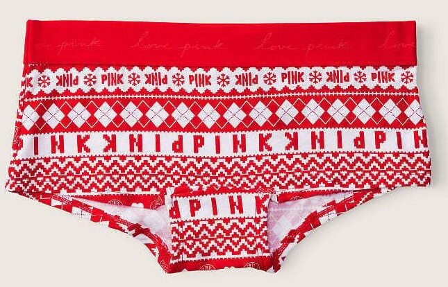 Victoria’s Secret PINK Logo Boyshort Underwear Red Pepper Fair Isle M NEW