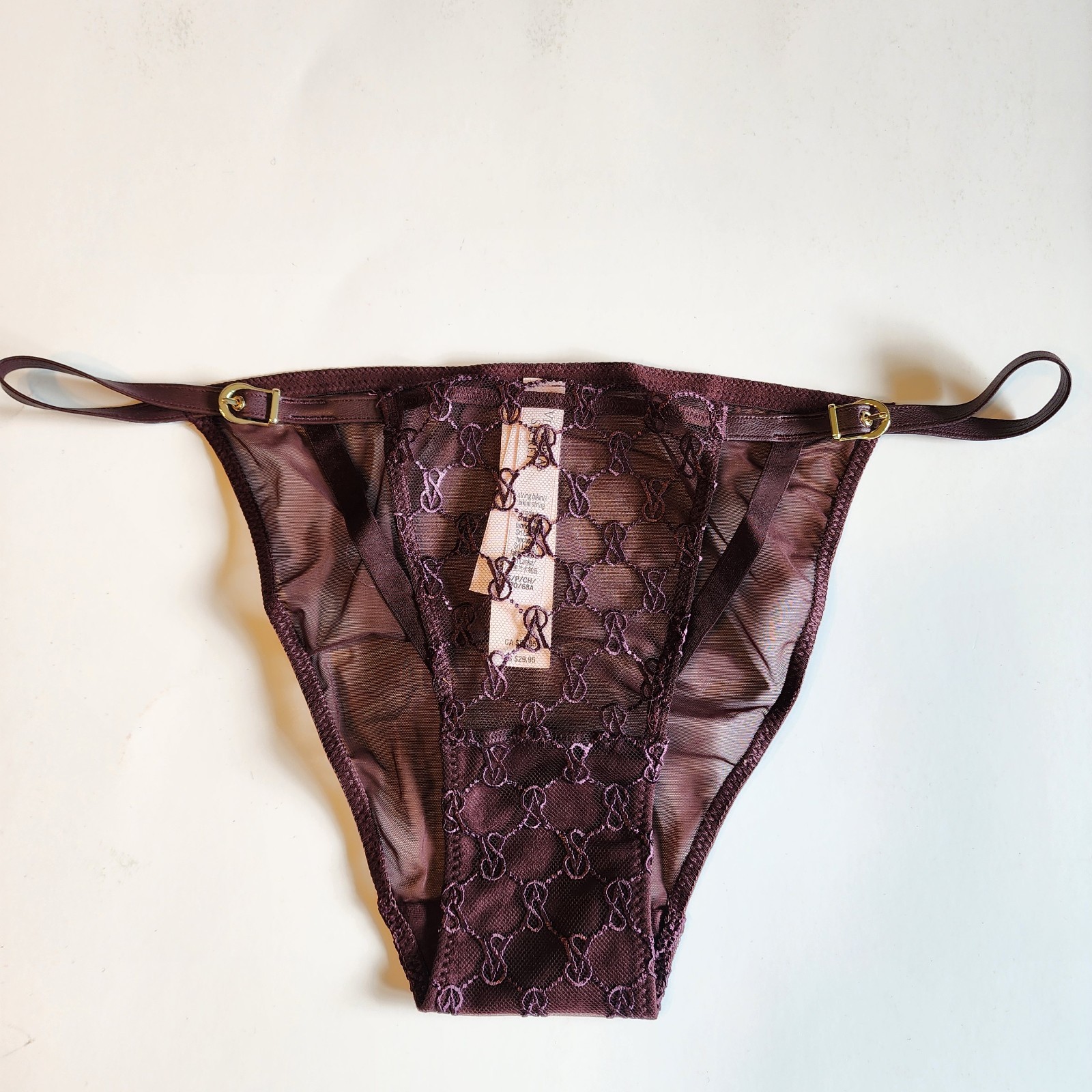 Victoria’s Secret String Bikini NWT Embroidered Logo Burgundy Lace Mesh Size S