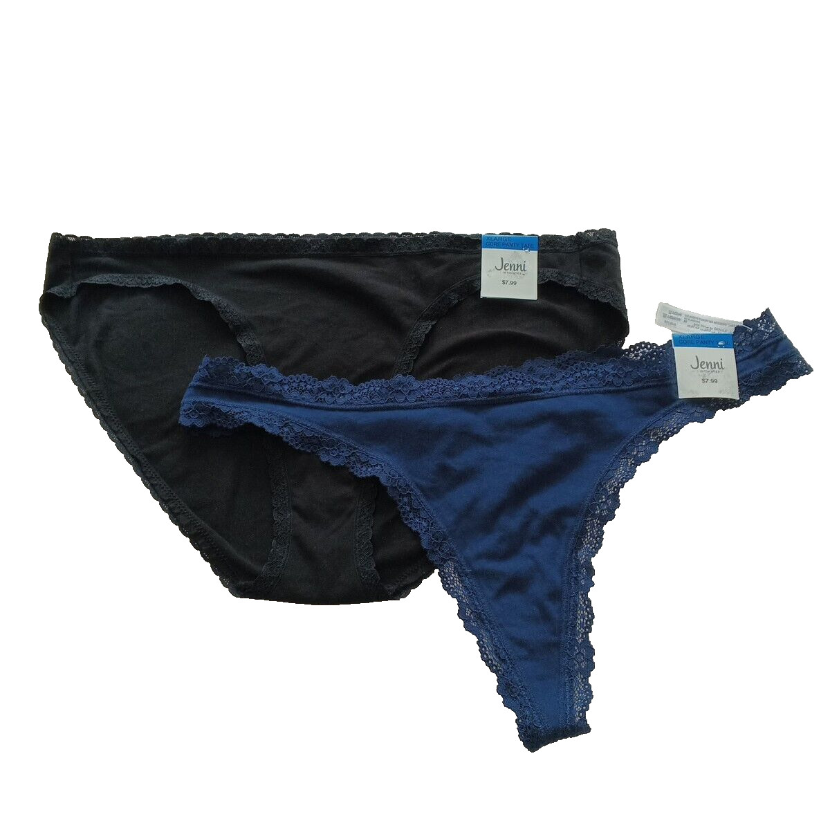 2 Pack Jenni Bikini & Thong Size XL Blue Black Lace Detail Cotton Blend