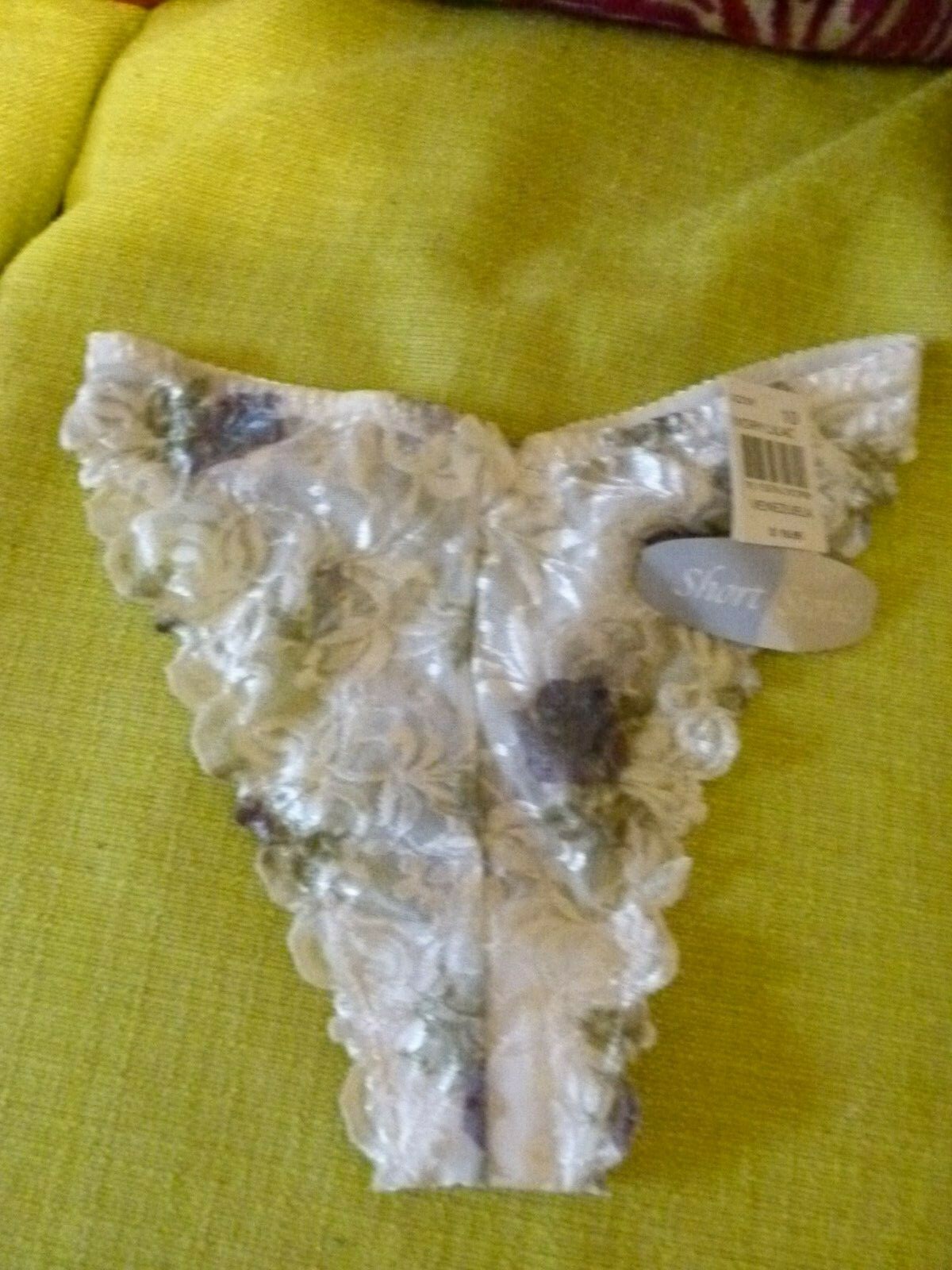 Short Stories white ivory lace thong knickers with purple floral pattern Size 12