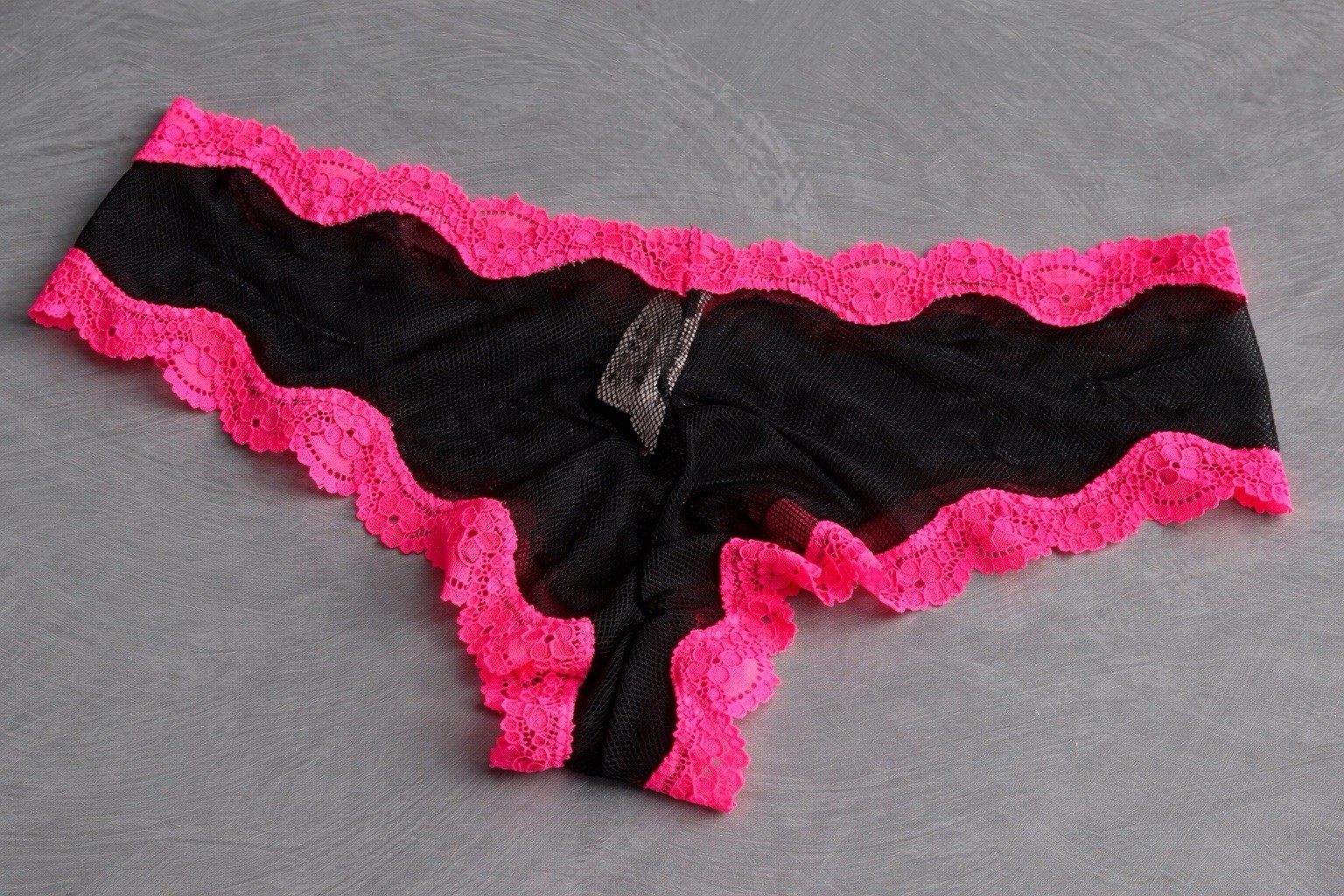 Victoria’s Secret Sexy Little Things Rare Black Mesh Cheeky Panty Hot Pink Lace