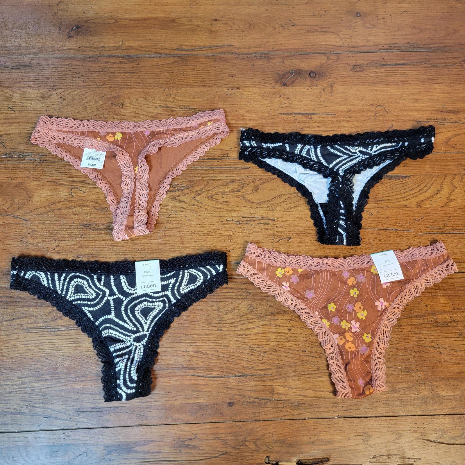 (4) Auden Womens Small (4-6) Cotton Thong Underwear Target S Lace Black Brown