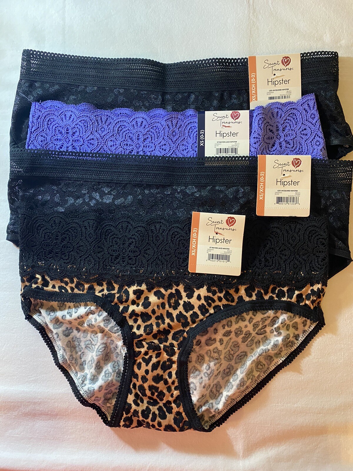 NEW Secret Treasures XS Hipster 4 Pair 2-Rayon Lace & 2 Jacquard Black & Multi