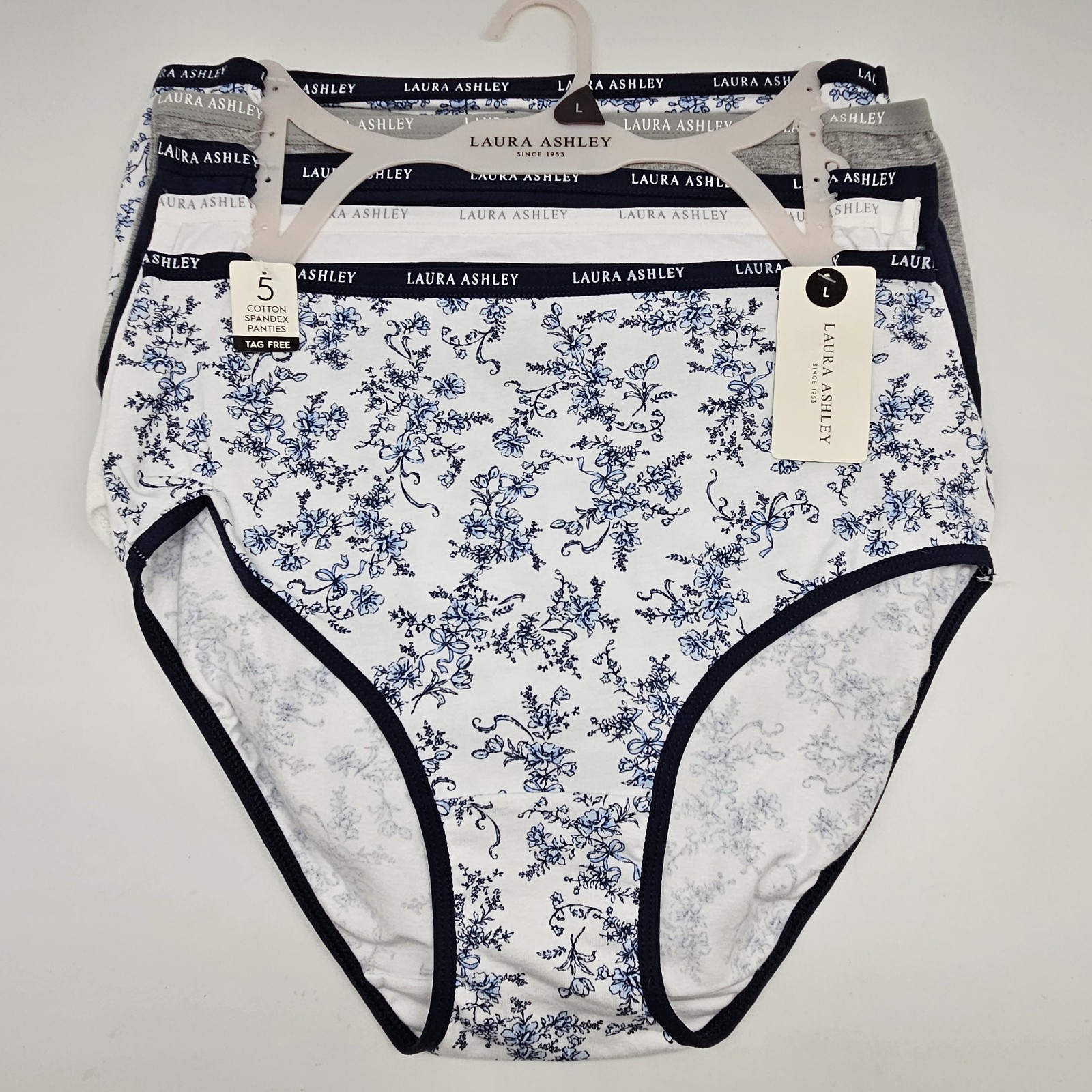 LAURA ASHLEY 5 Pack Women’s M L Logo Cotton Panties White Navy Blue Gray