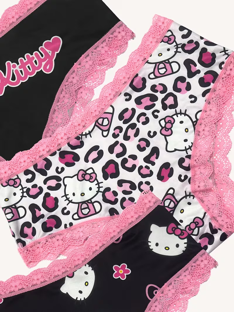 Sanrio Hello Kitty Pink Black Cute Cartoon Lace Kawaii Brief Panties – Pack of 3