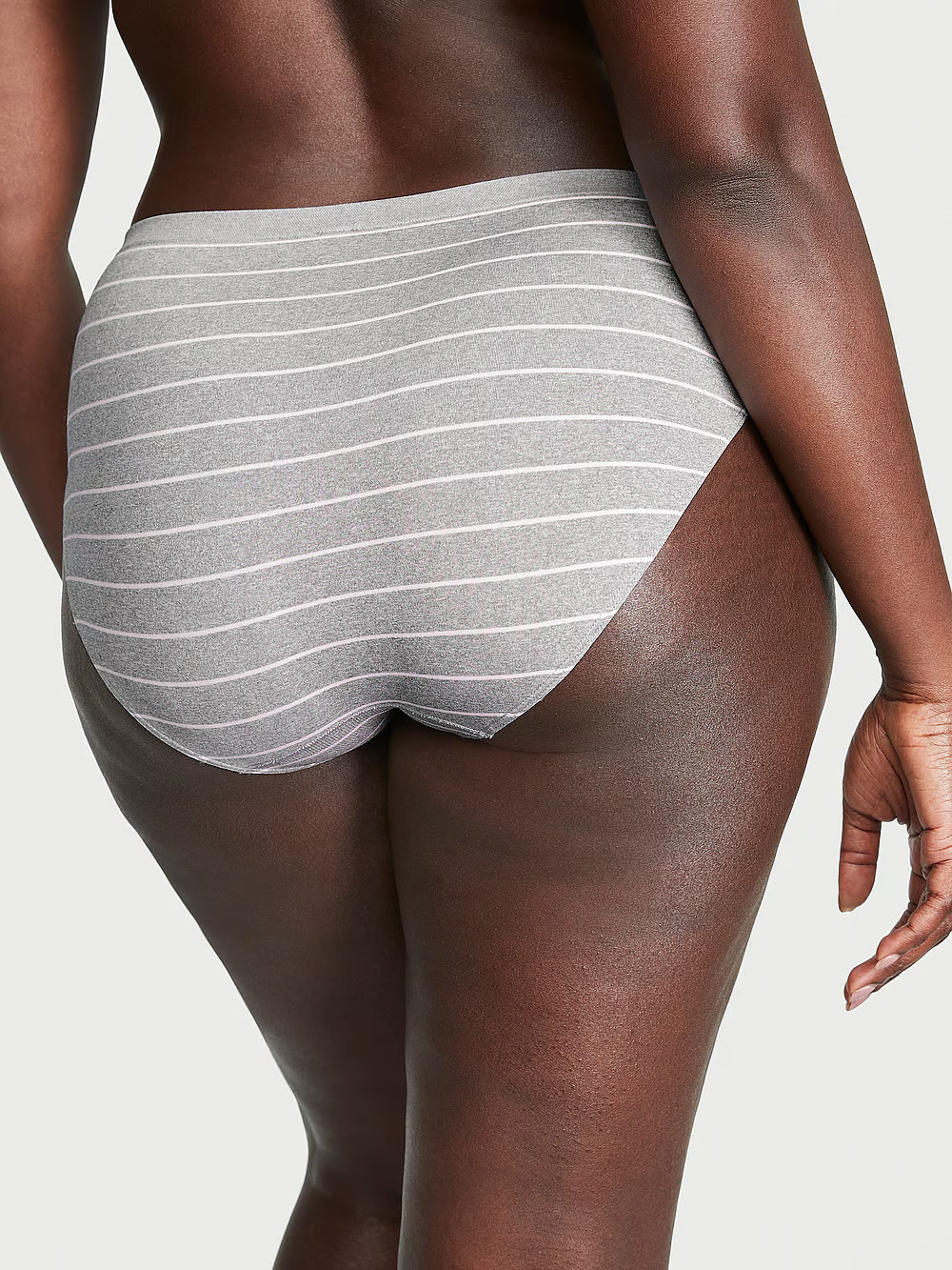 L Grey White Stripe SEAMLESS NO SHOW Victorias Secret High-Leg Waist Brief Panty