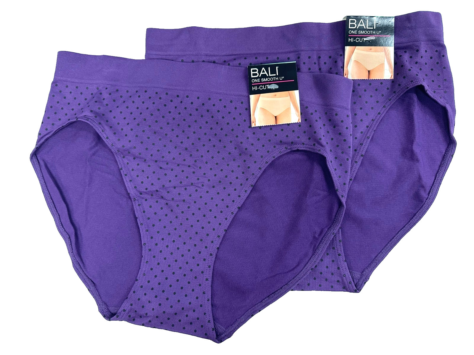 Bali Women Smooth U Hi-Cut Brief Size L/7 Vista Black Dot Purple Soft 2-Pack