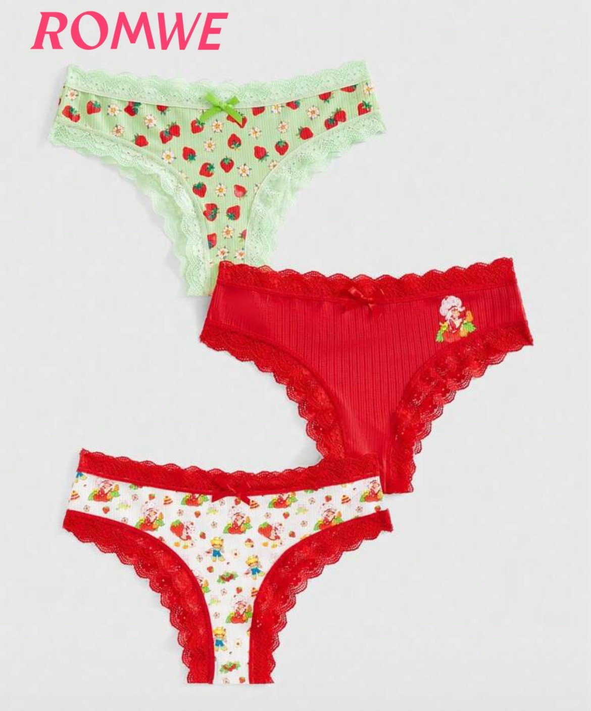 Strawberry Shortcake 3Pc Panty Set y2k Kawaii S, M, L Red Pink Lace Multicolor