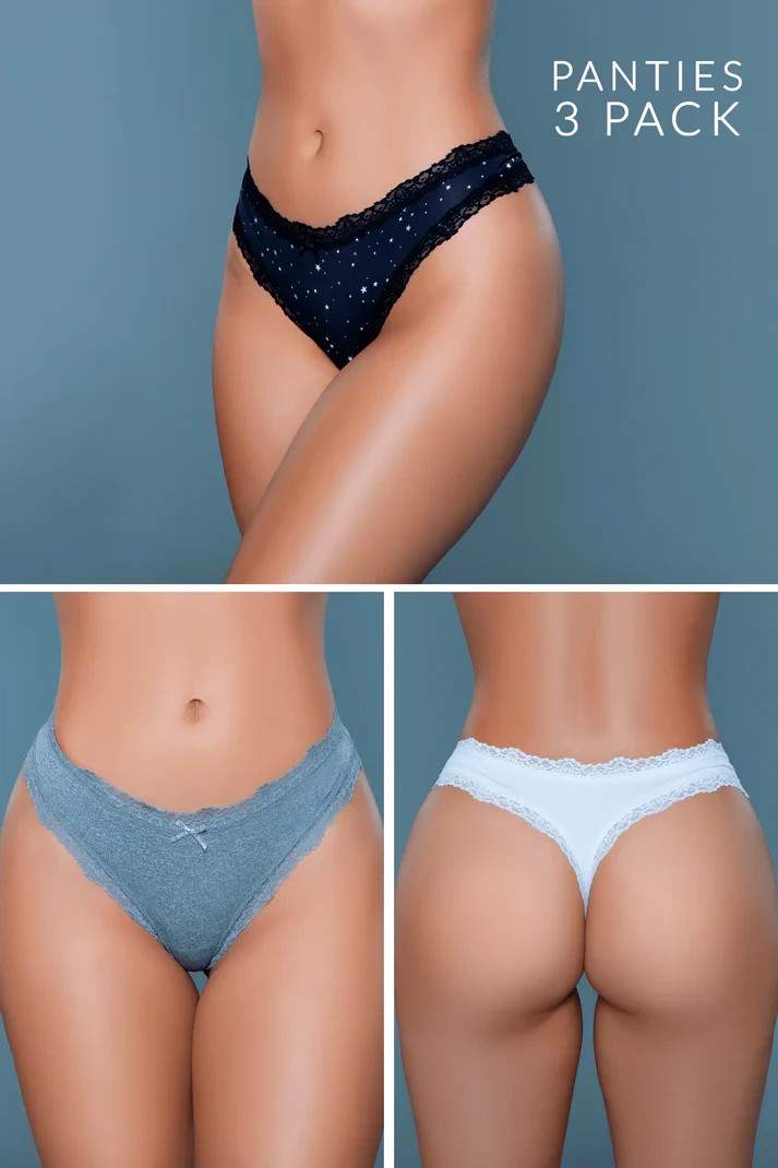 3 Pack Thong Lowrise Lace Trim Scalloped Edge Back Black Gray White Solid Starry