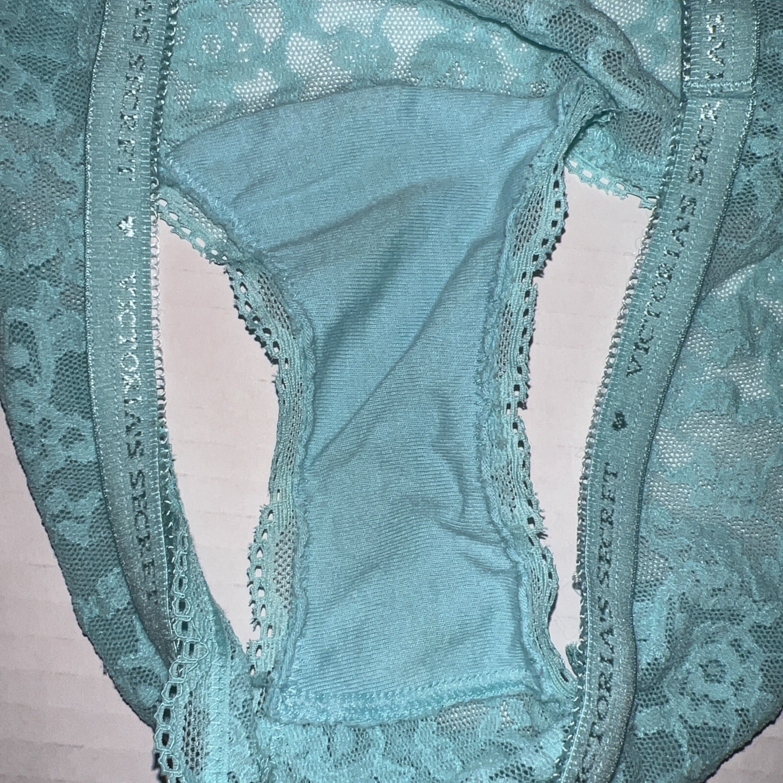 Victoria’s Secret Baby Blue Teal Lace Bikini Panties Sz-M Medium Sexy Sheer