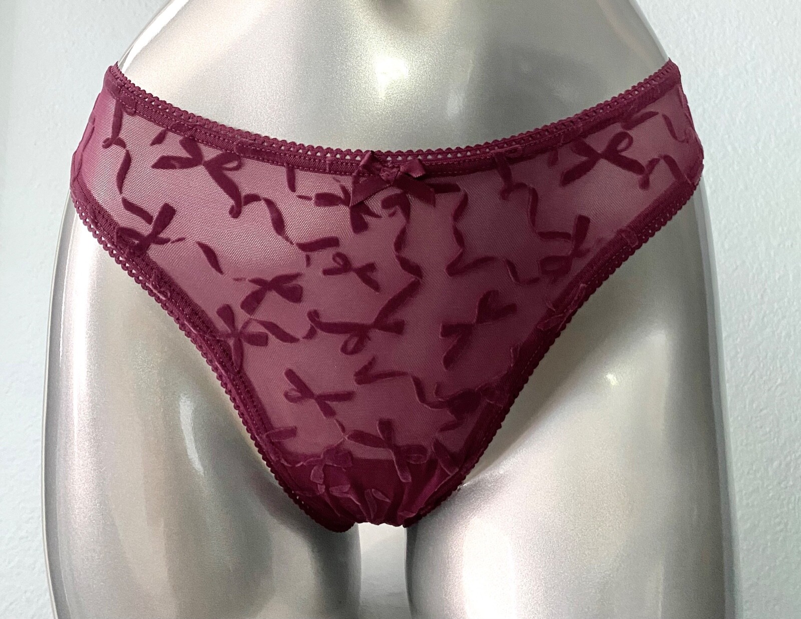 Victoria’s Secret Thong Panty Very Berry Sheer Mesh Velvet Flocked Sexy L XL