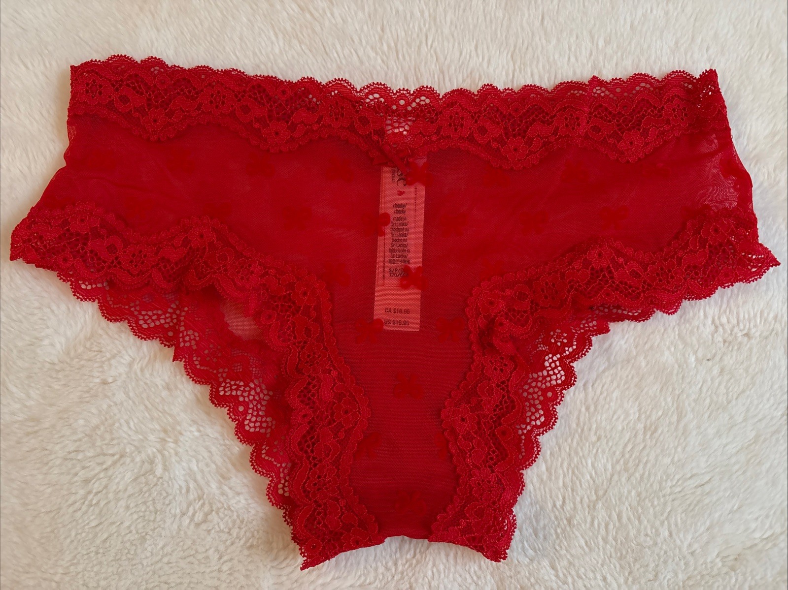 Victoria’s Secret Panties Cheeky Panty Tease Mesh Lace Trim Red Bows Ribbon Smal