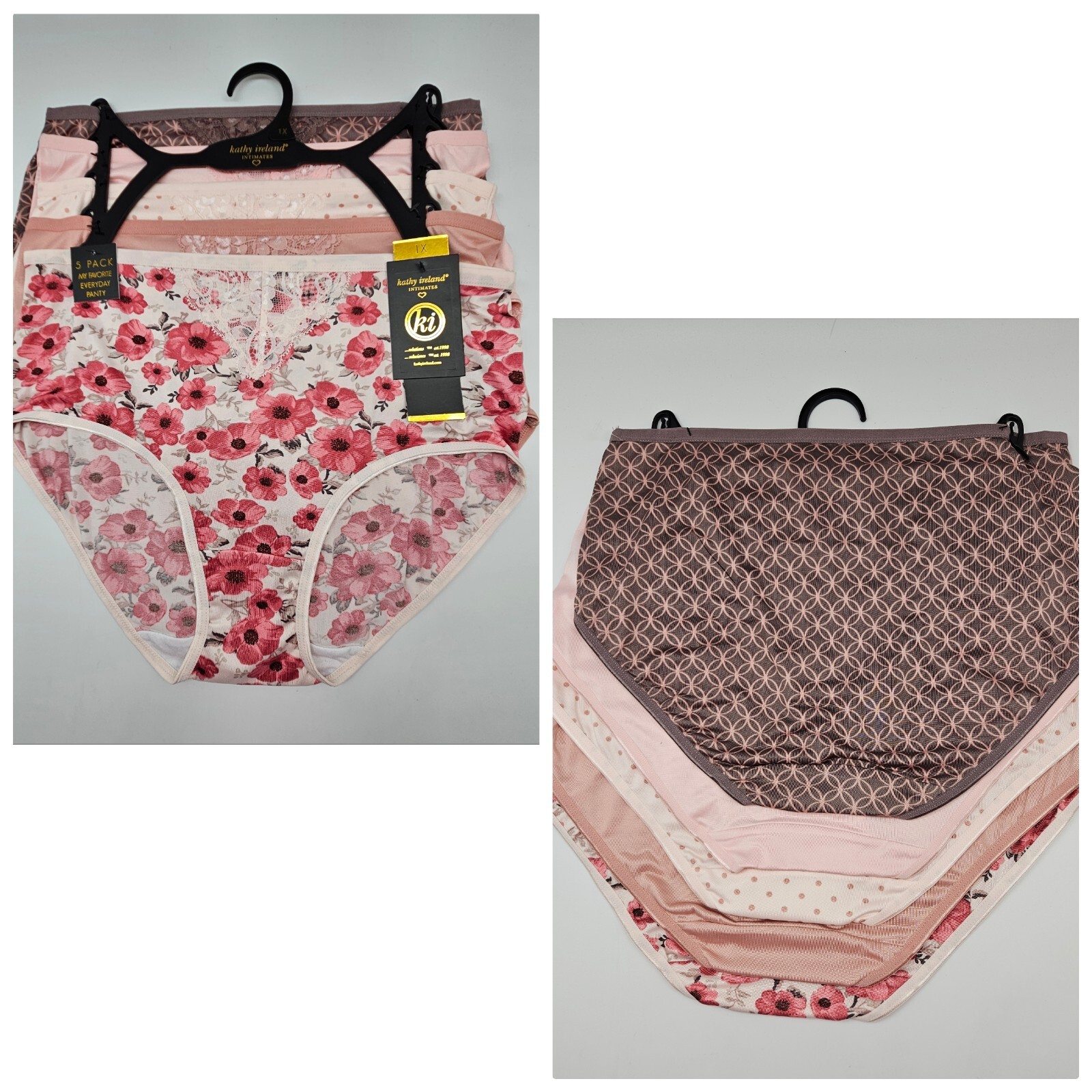 KATHY IRELAND 5 Pack Womens L Plus 1X 3X Everyday Panties Gray Pink Beige Cream