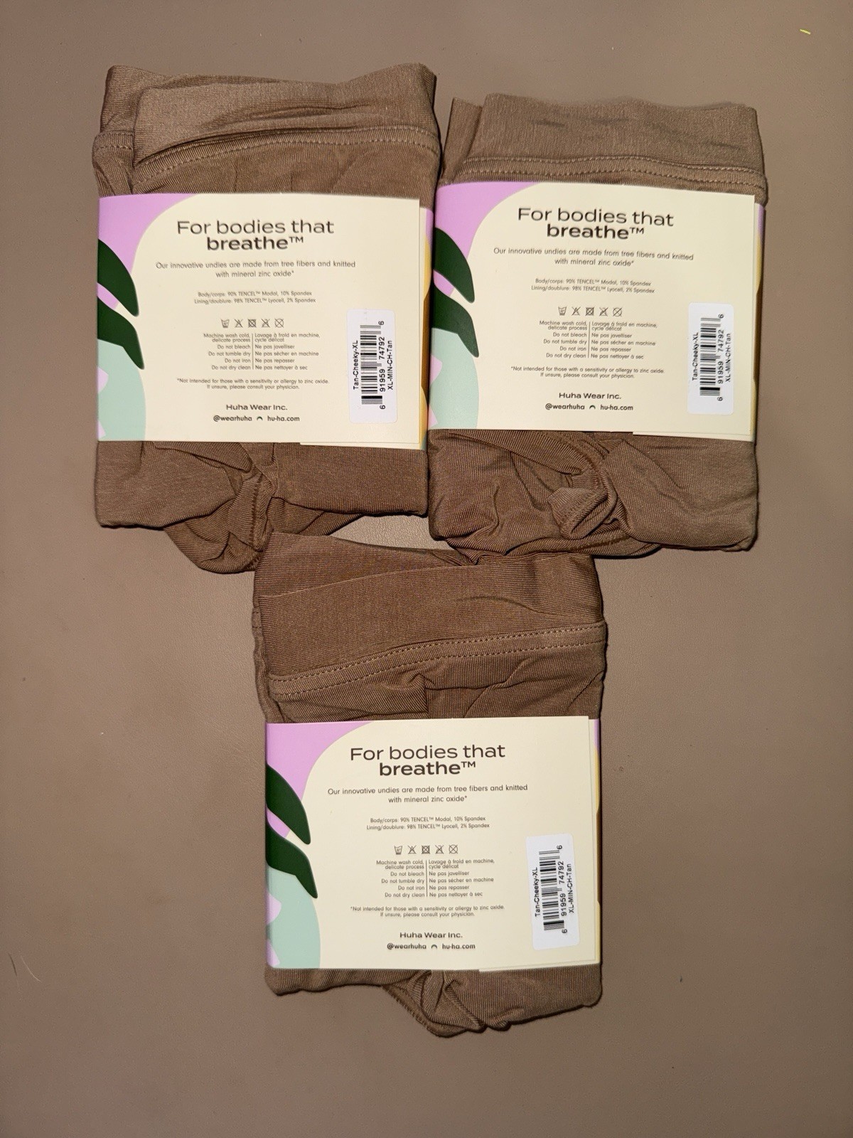 HUHA Women’s Mineral Undies ZINC OXIDE Soft Cheeky Panty TAN NWT XL (Lot of 3)