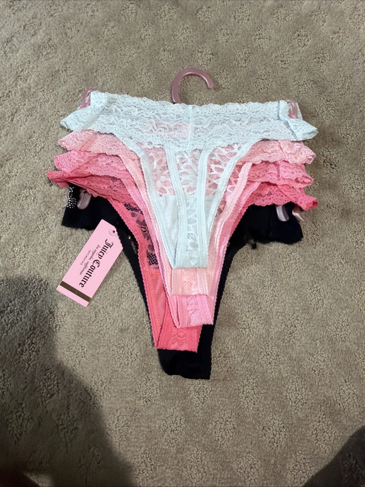 Juicy Couture 5pk Multicolor Rhinestone Logo Lace Thongs. Sz M. NWT!