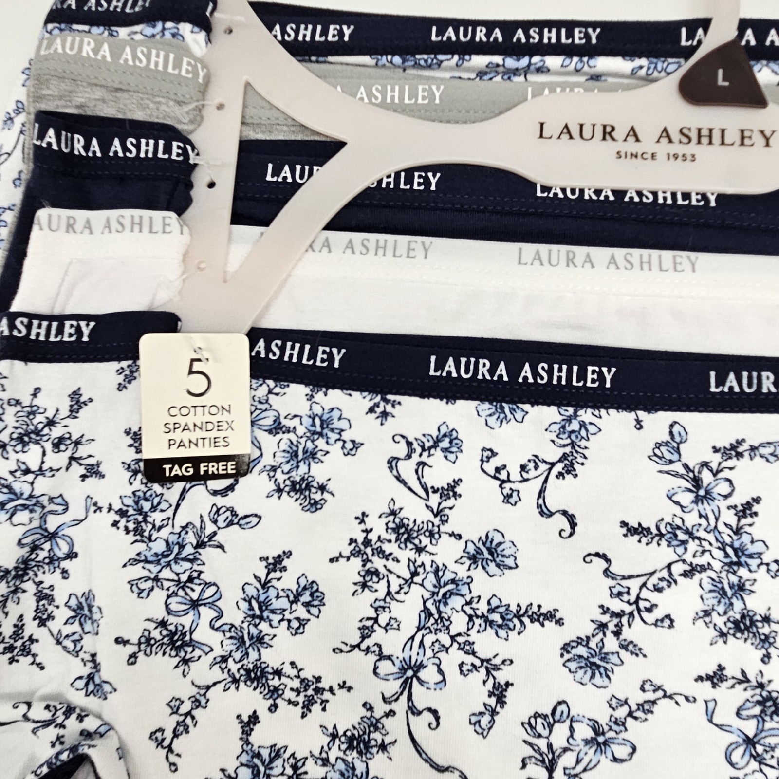 LAURA ASHLEY 5 Pack Women’s M L Logo Cotton Panties White Navy Blue Gray