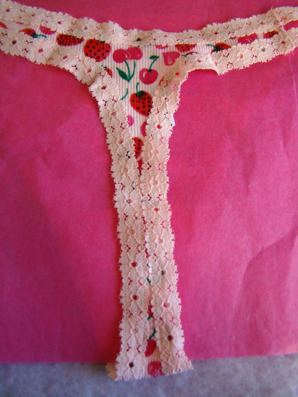 New PINK Strawberries Cherries Hearts Print Light Pink Floral Lace Thong Panty