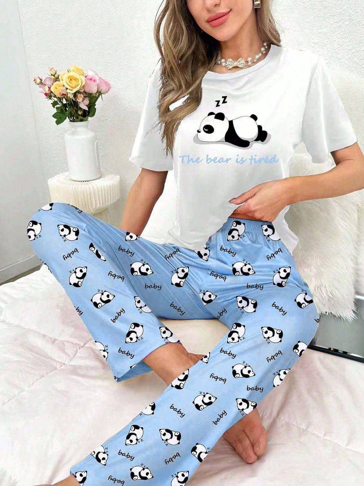 Ladies Comfy Panda & Slogan Graphic T Shirt and Pants Pyjama Set Cheap24