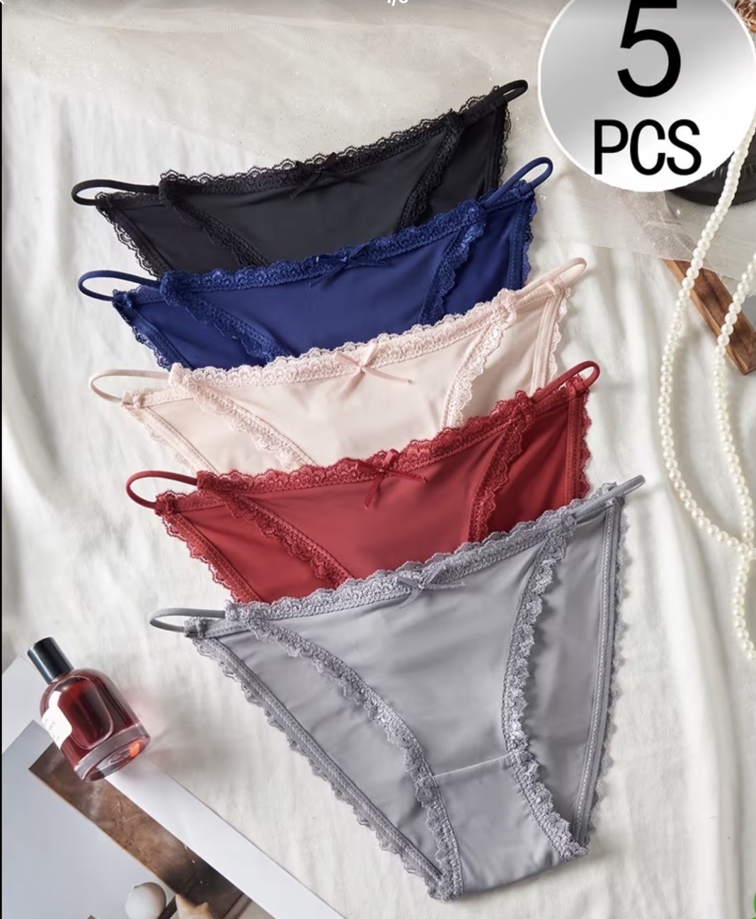 Women’s Bikini Briefs Stretch Lace Rim Elastic Waist Bow Red Navy Black 5Pk L