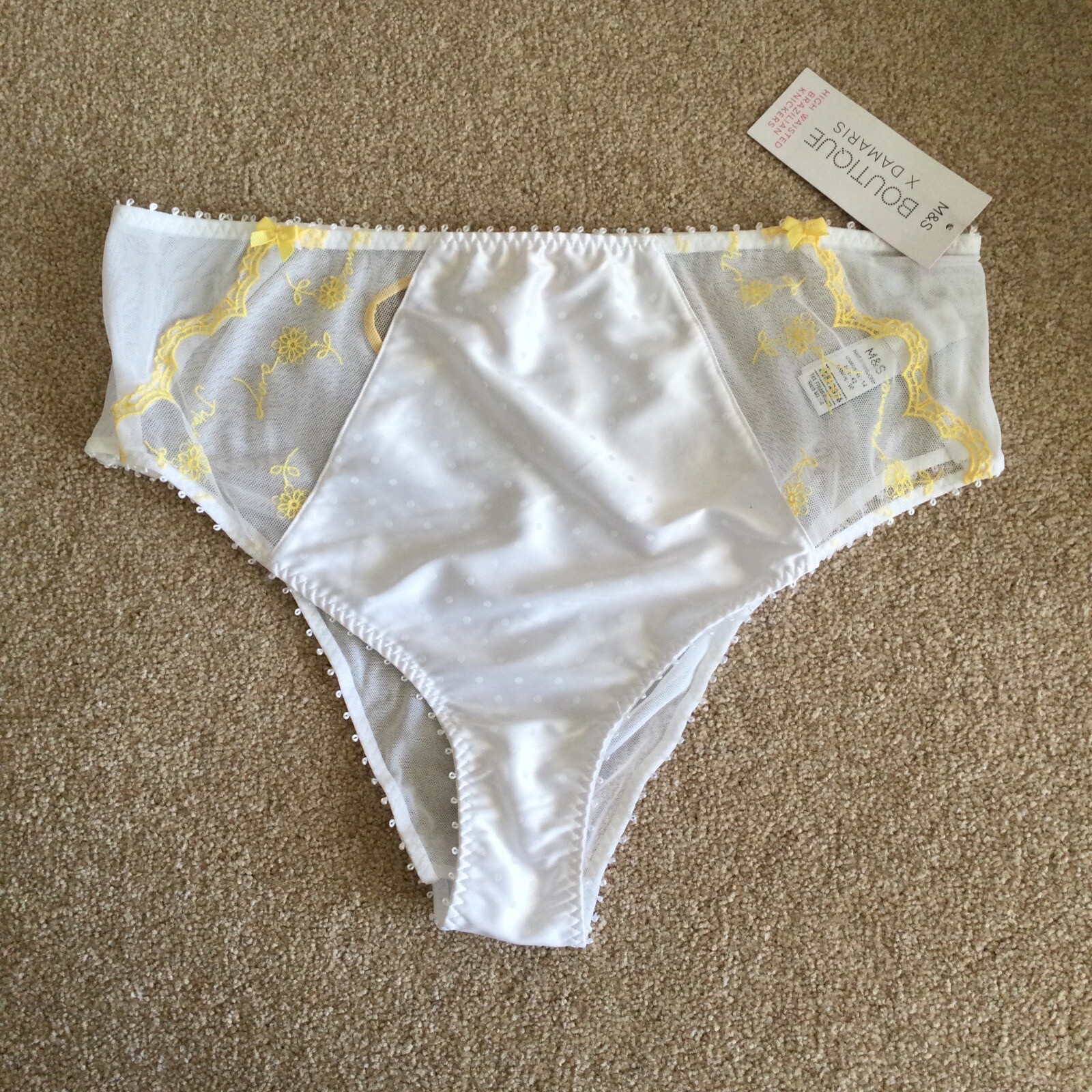 M&S Size 14 Boutique Damaris Evaline Satin High Waisted Brazilian Knickers White
