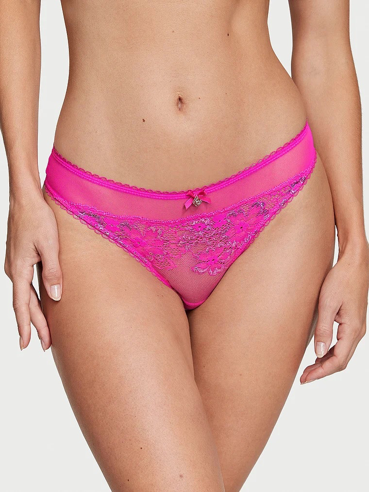 Victoria’s Secret Body By Victoria Shimmer Lace-Front Thong Fuchsia Frenzy M NEW