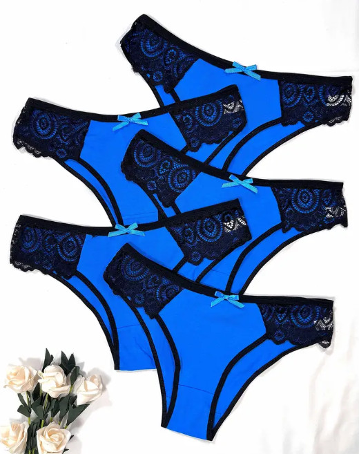 Electric Blue Cheeky Bikini Panty W/Black Lace Trim Sexy Naughty Flirty Size L🍑