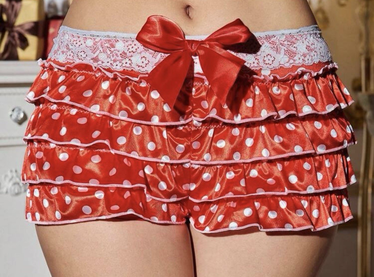 Red Polka Dot Tiered Ruffled Satin Lolita Boy Short Brief Panties XL NEW