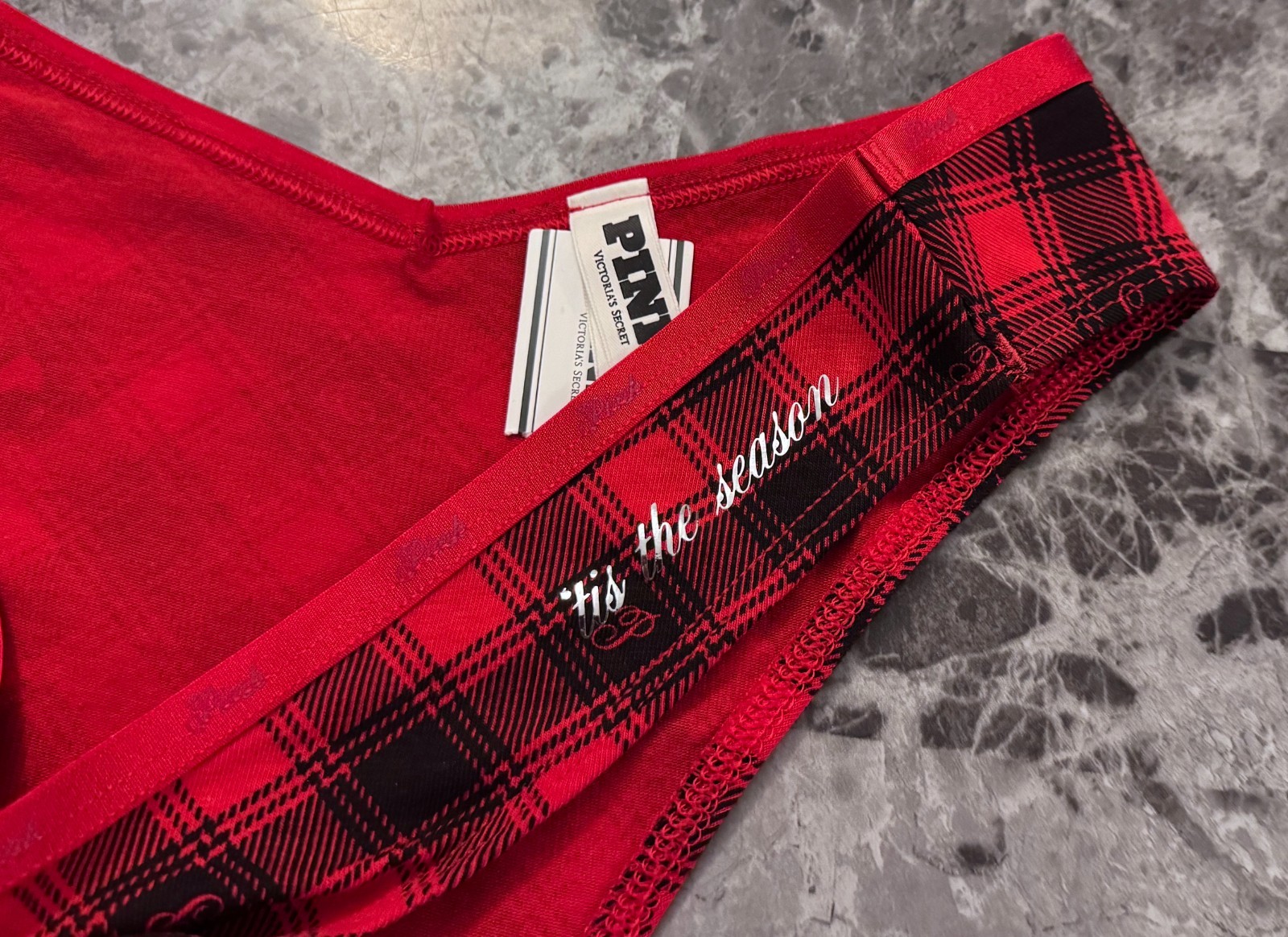 NWT VICTORIA’S SECRET PINK RED PLAID TIS THE SEASON V STYLE TANGA CHEEKY PANTIES
