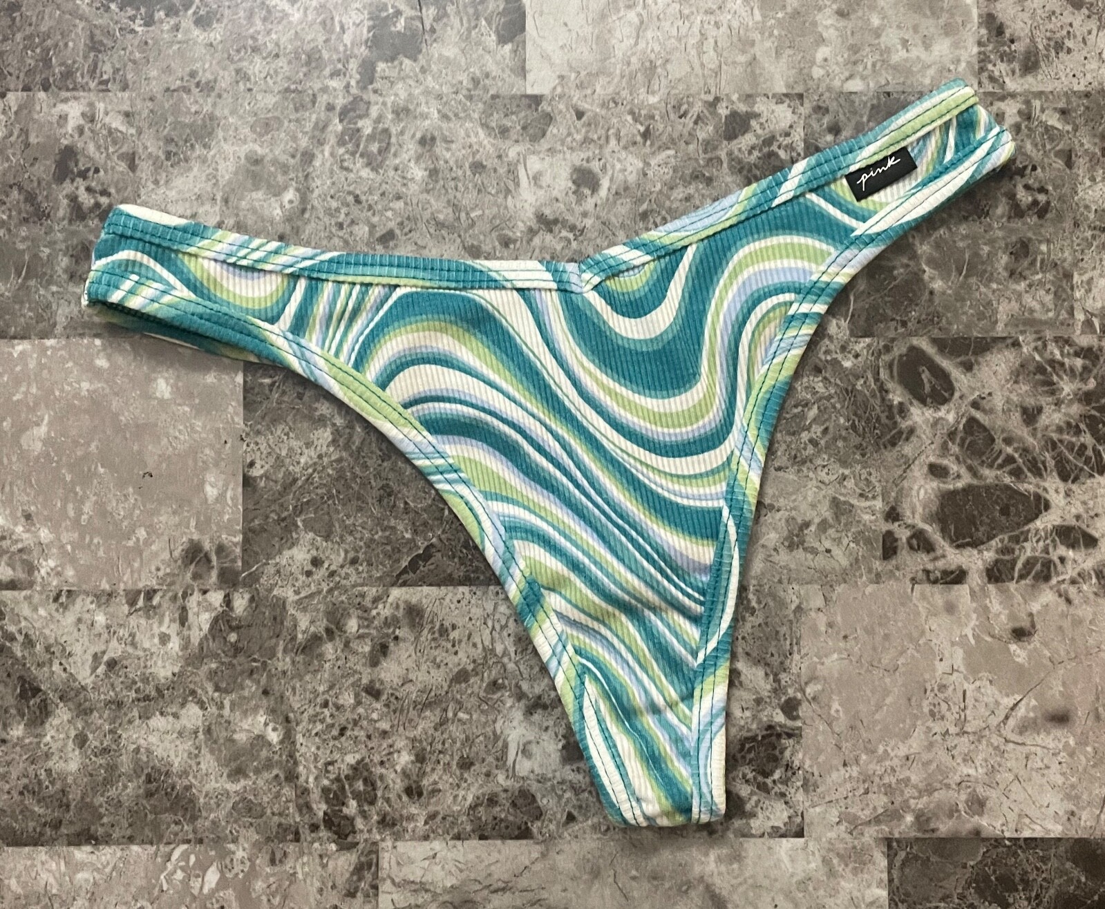 NWT VICTORIA’S SECRET PINK TEAL GREEN BLUE WHITE SWIRL RIBBED KNIT THONG PANTIES