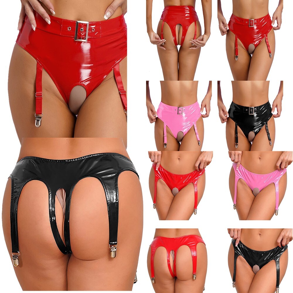 Womens Shiny Leather Short Crotchless Briefs with Leg Garter Dance Bottom