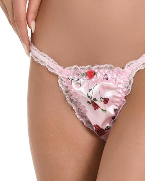 Women’s Tanga Bikini Briefs Satin Frilly Lace XX-Large Baby Pink – Red Roses