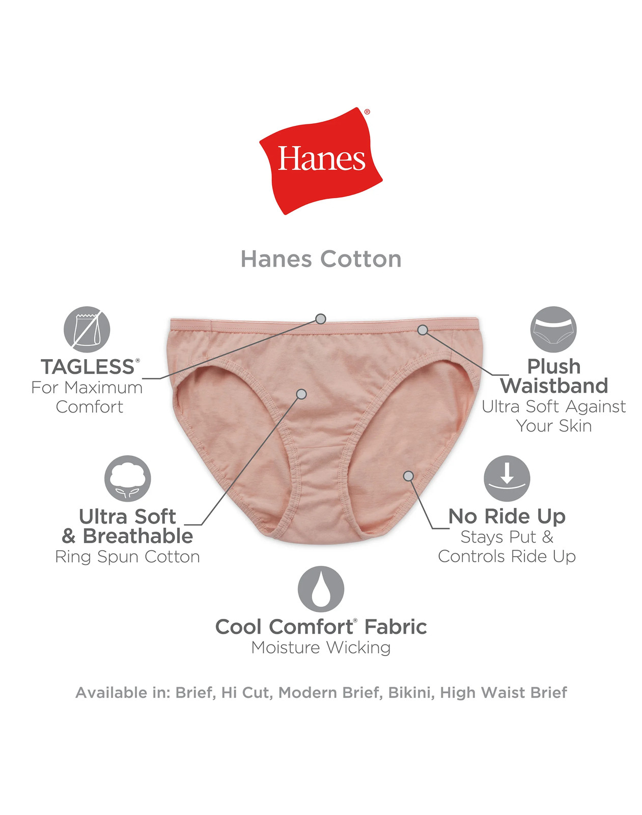 Hanes No Ride Up Cotton Hi-Cut Panties 6-Pack Women’s Underwear Lady’s Tag-Free