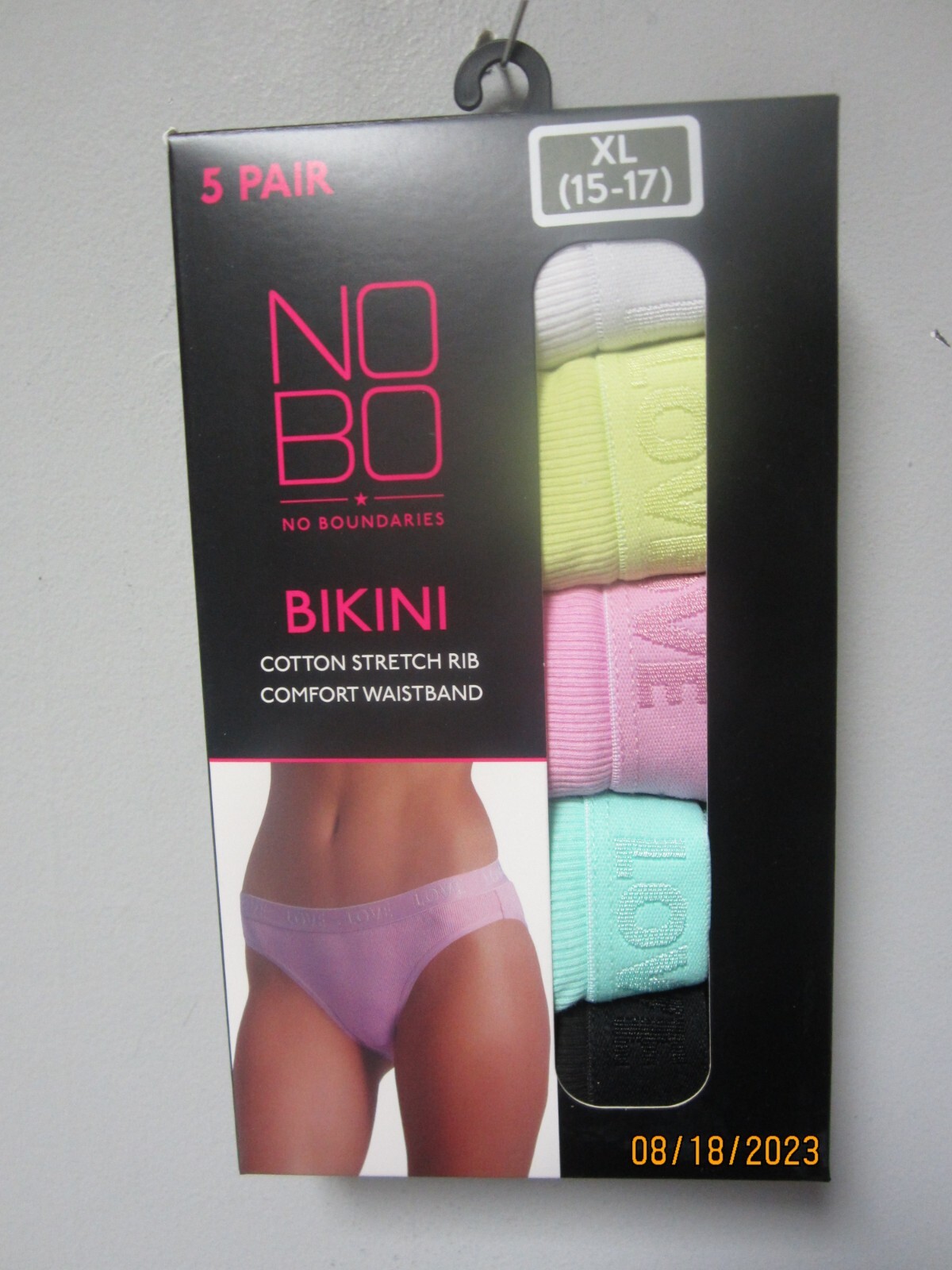 No Boundaries Women 5-Pr Bikini Solid Cotton Stretch Rib Underwear Sz XL (15-17)