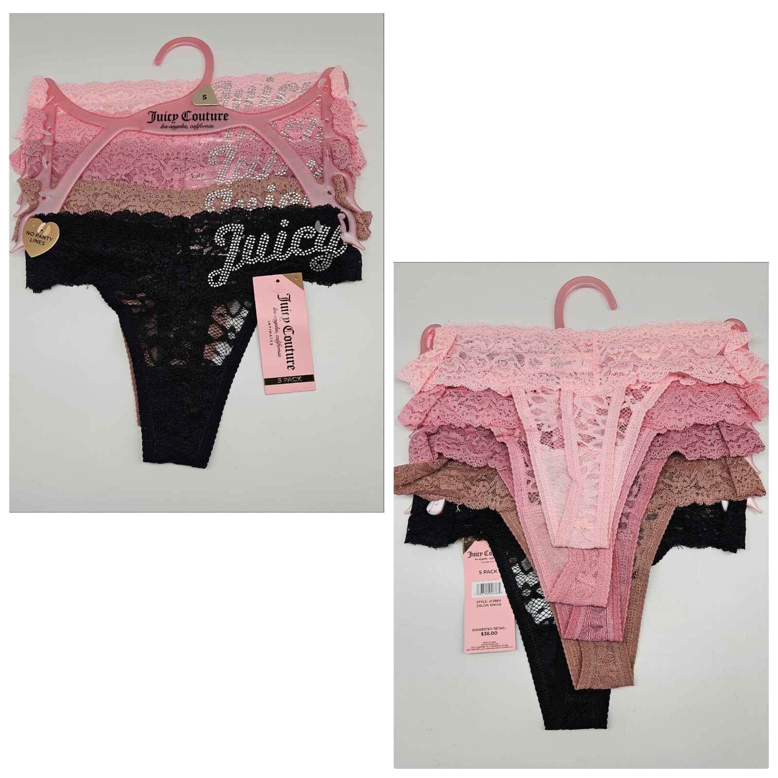 JUICY COUTURE 5 Pack Women S M L XL Lace Rhinestone Logo Thong Pink Black Beige