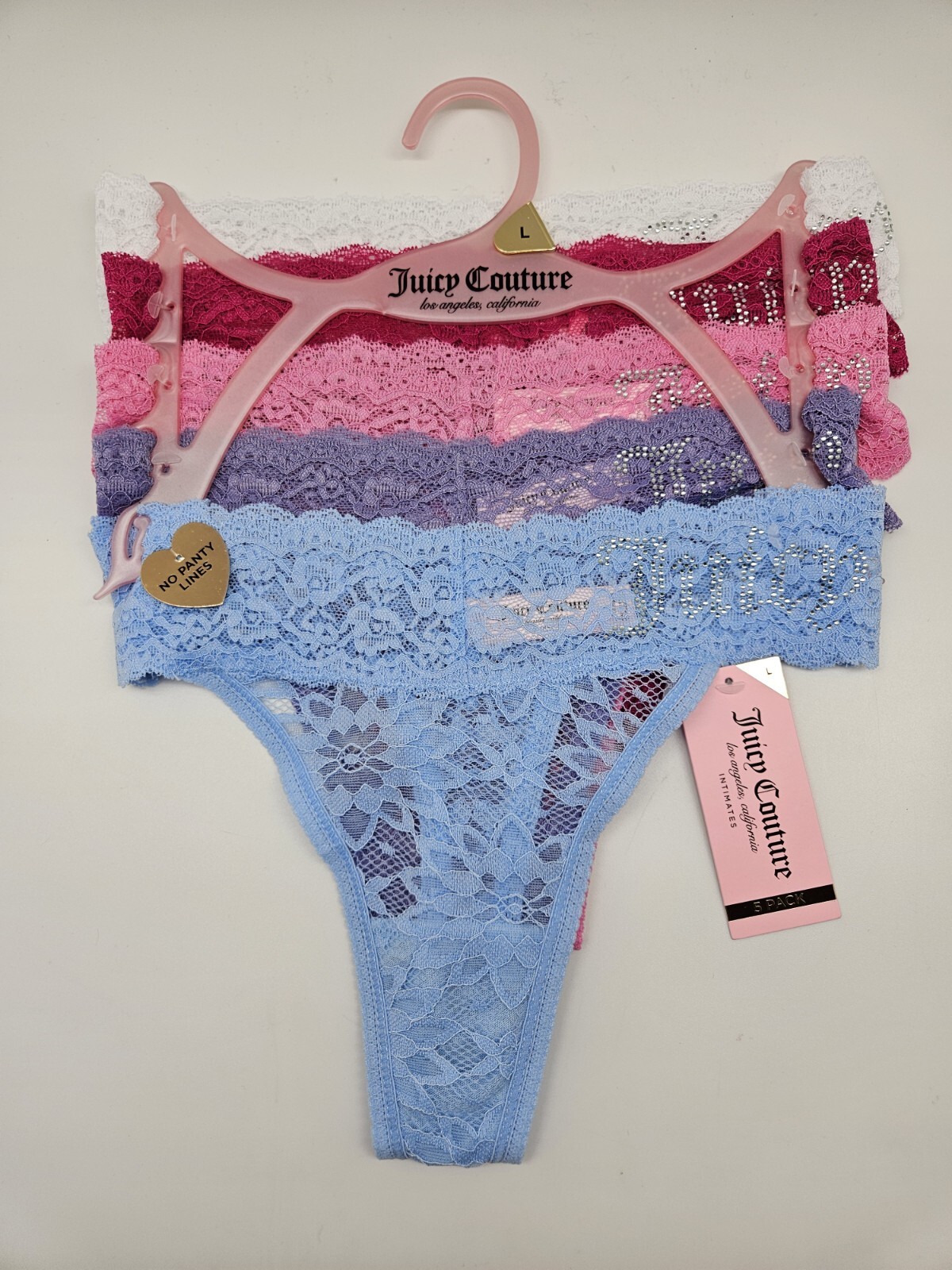 JUICY COUTURE Women L XL 5Pk Lace Rhinestone Logo Thong Panties Pink White Blue