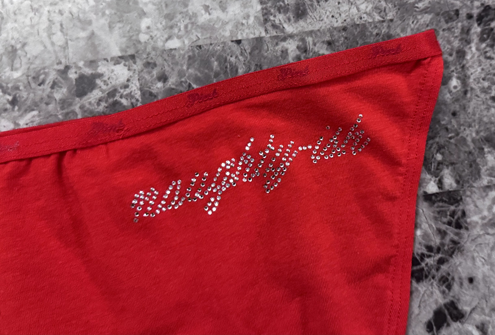 VICTORIA’S SECRET PINK RED SILVER RHINESTONE NAUGHTY ISH STRING BIKINI PANTIES