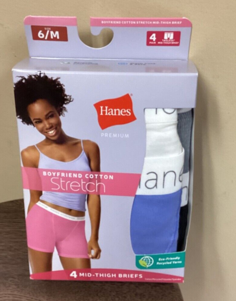 Women NWOT Hanes Boyfriend Cotton Stretch 4 Mid Thigh Briefs. Size 6/M