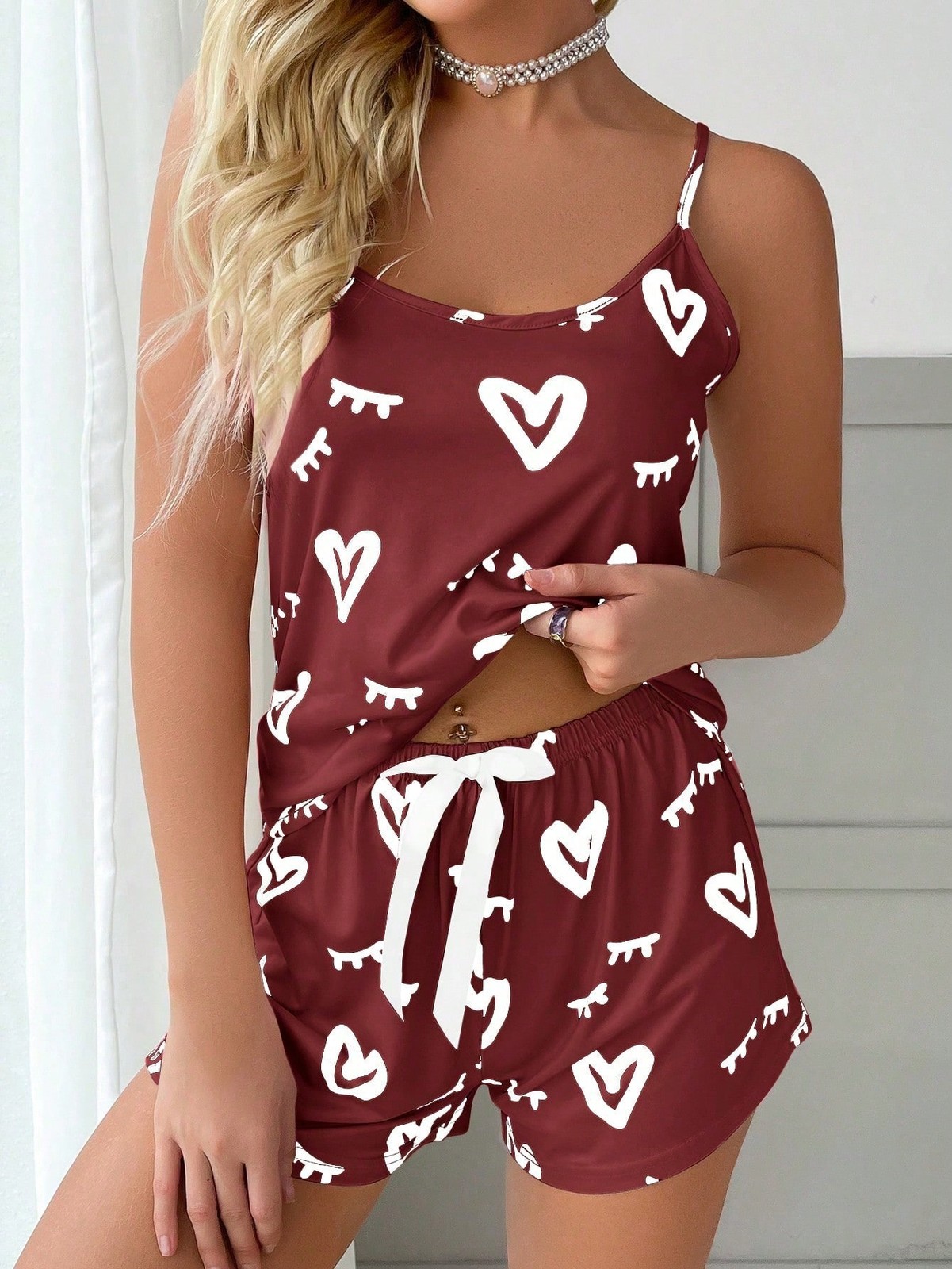 Heart and Eyelash Print Strappy Top & Bow Front Shorts Pyjama Set Cheap24