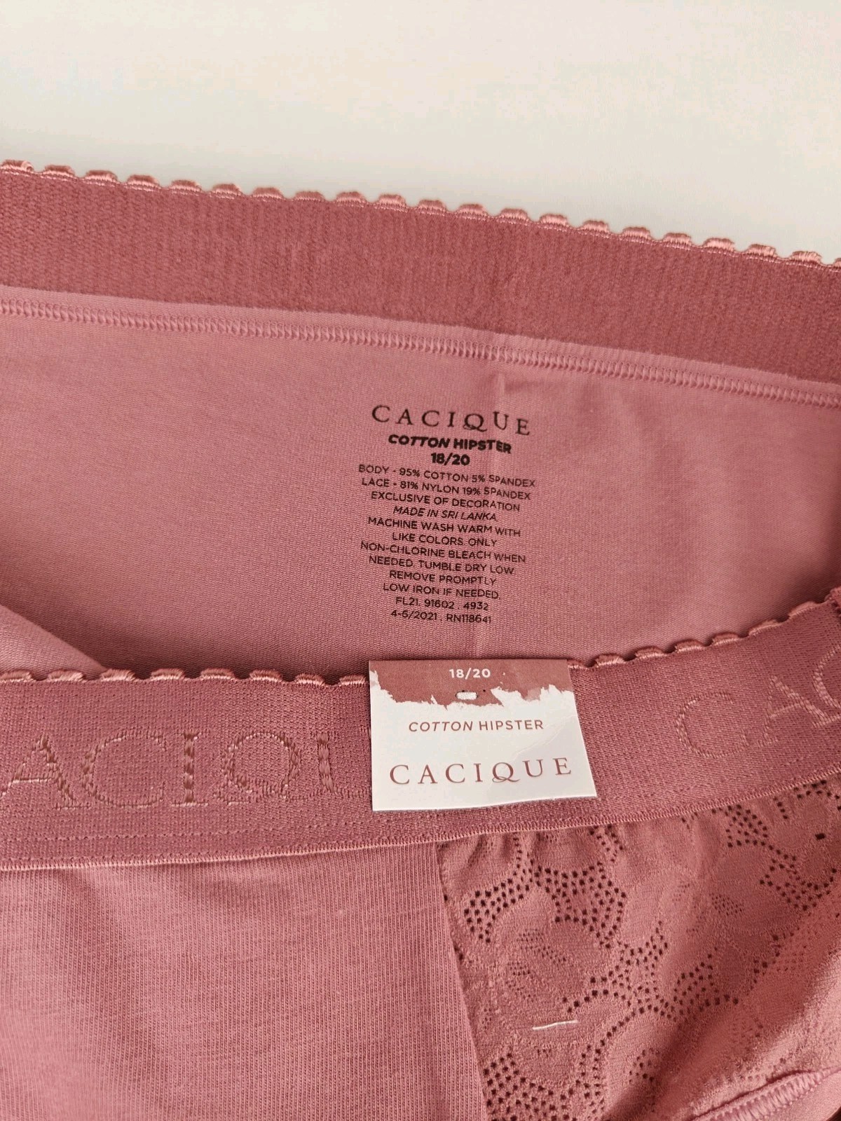 Lane Bryant Cacique Cotton Hipster Wide Band 18/20 Panty Panties Pink w/ Lace