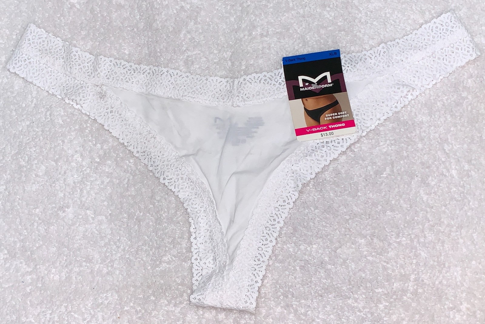 MAIDENFORM M Super Soft Lace Trim V Back White Thong Panty Womens Sz XL 8