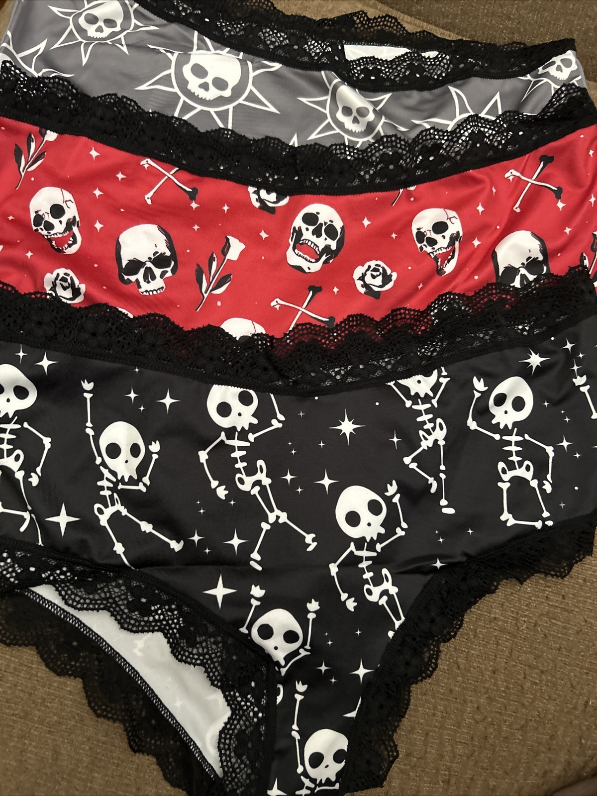 Morvia 3pk lace trim cheeky goth Emo panties L skull And Bones Lingerie
