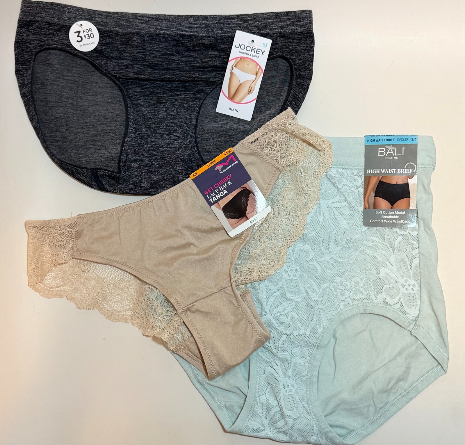 NWT 3 Mixed Lot Maidenform/Jockey/Bali Bikini/Tanga/High Waist Brief Panties 5/S