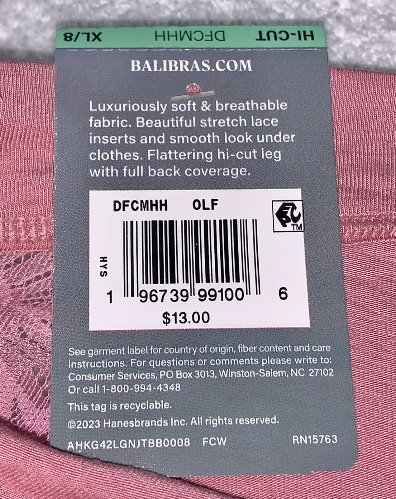 BALI Breathe Cotton Modal Lace Sides Rose Tea Pink Hi Cut Panty Womens Sz XL 8