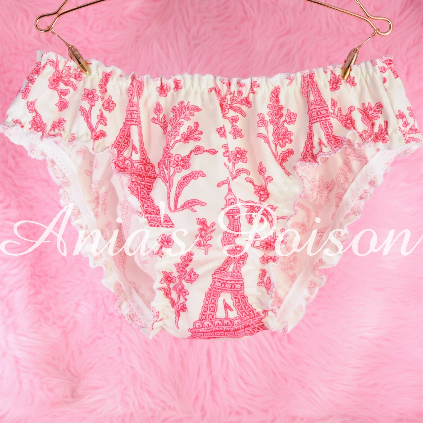 Sissy ruffled cotton soft Paris print ladies Pink Ivory Bikini sleep Panties S/M