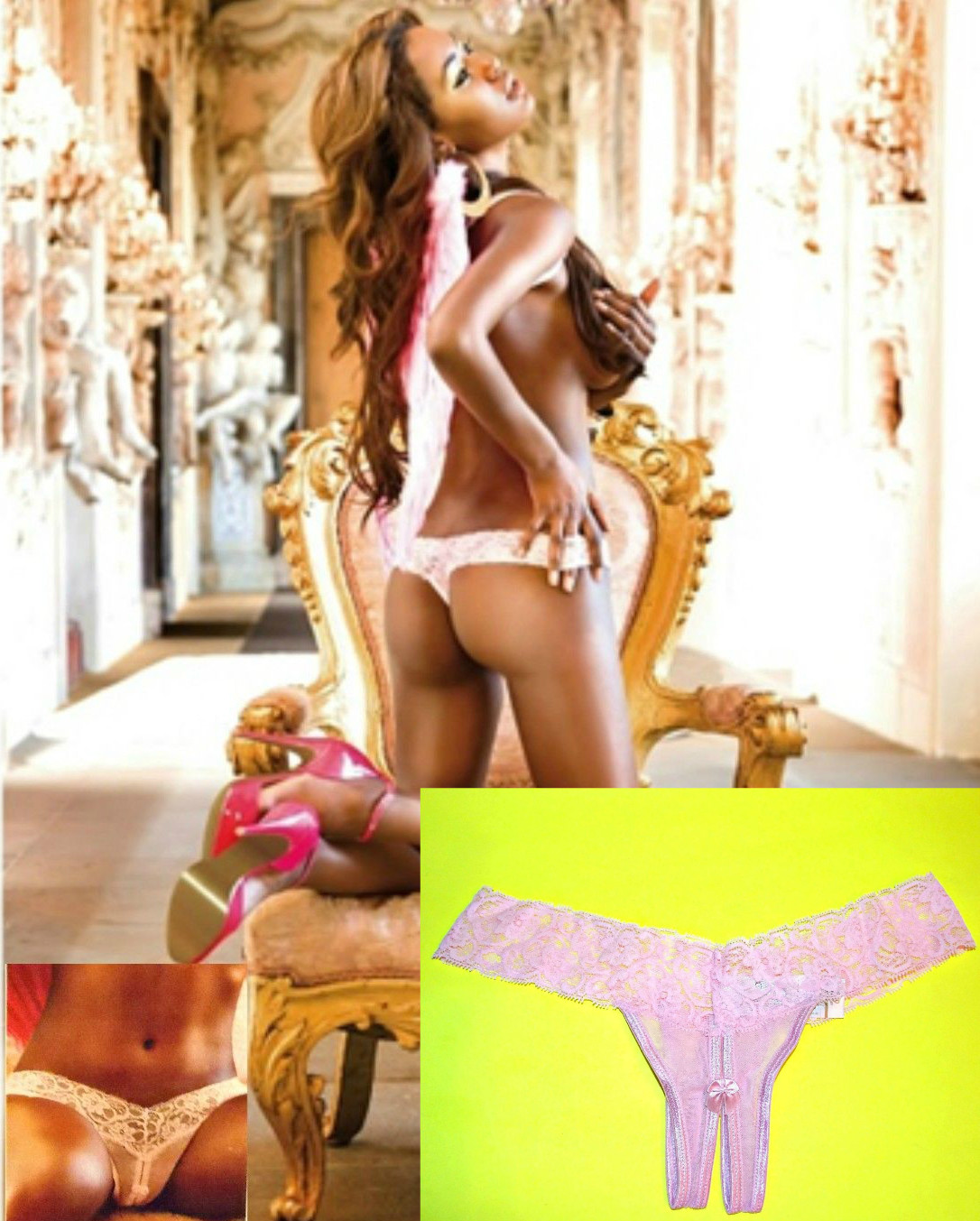 NWT Baci Lingerie CROTCHLESS LACE THONG, S,M,L, Light Pink,box packaged