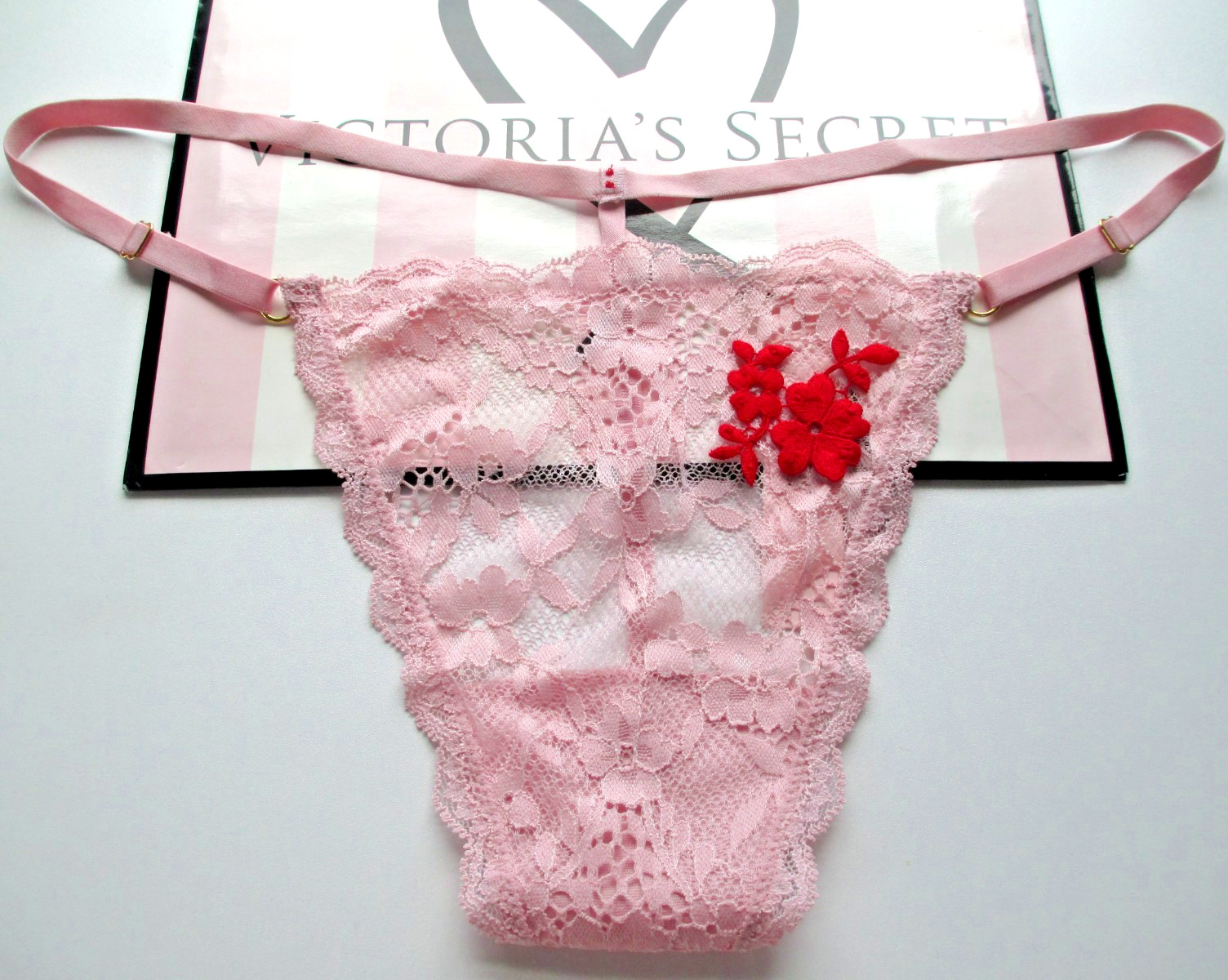 VICTORIA’S SECRET DREAM ANGELS V-String Thong Panty XL Pink NWT Red Embroidery