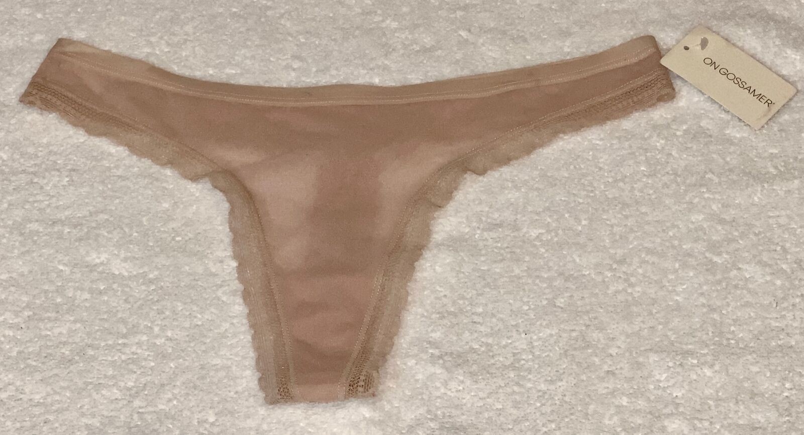 ON GOSSAMER Next To Nothing Sheer Mesh Hip G Champagne Thong Panty Womens Sz L 7